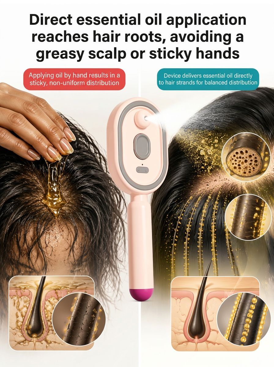 A multifunctional, leave-in essential oil hair care comb with red light therapy—instantly smooths hair, provides salon-grade scalp care, effectively prevents hair loss, and promotes hair regrowth!